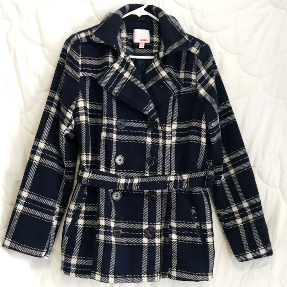 Bongo Womens Large Belted Brushed Soft Button-Down Plaid Navy Blue White Jacket - Picture 1 of 15